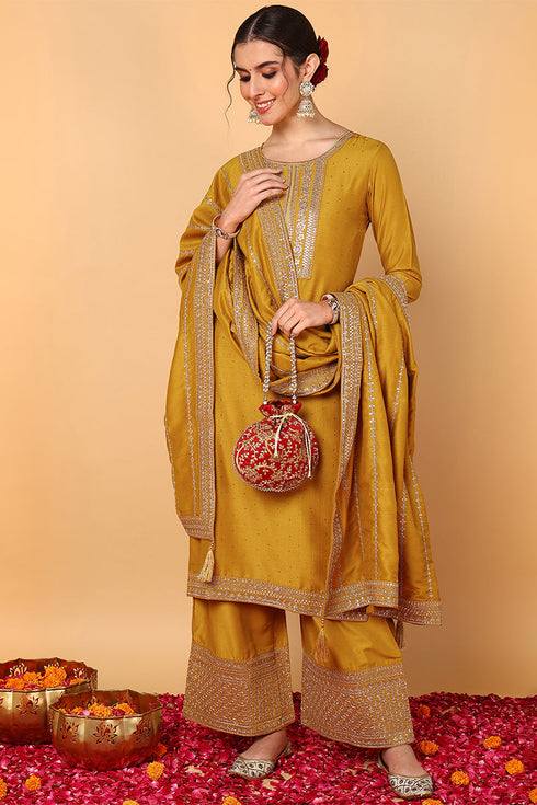Plus Size Mustard Silk Blend Solid Embroidered Straight Suit Set